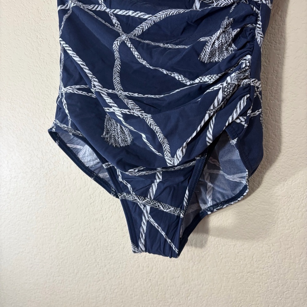 Miraclesuit Wrap Blue and White One Piece Swimsuit 14” Chest Sz Laying Flat - Picture 4 of 12
